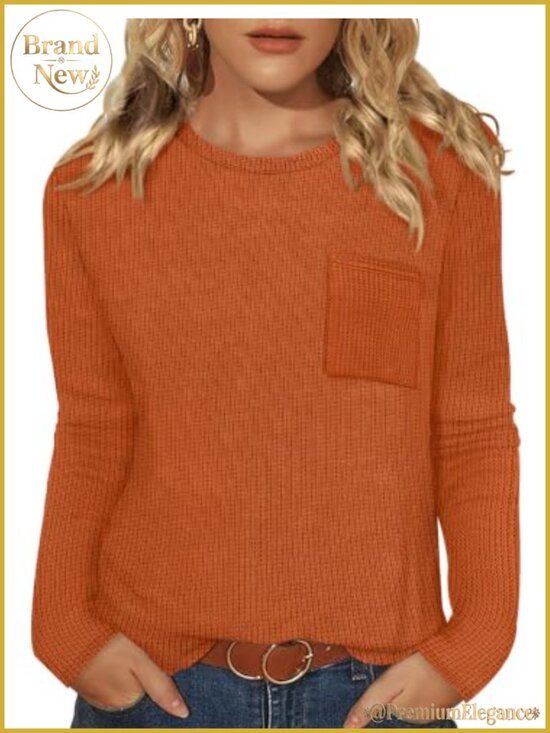 Tops - Waffle Knit Long Sleeve Blouse with Pocket Curved Hem Casual